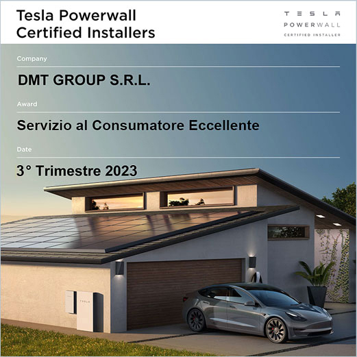 premio 2023 riconoscimento tesla powerwall dmt installatore certificato tesla powerwall impianti fotovoltaici e batterie per residenziale e aziende dmt solar impianto fotovoltaico napoli, casoria, caserta, salerno, avellino, benevento partner tesla, maxeon sunpower, solaredge